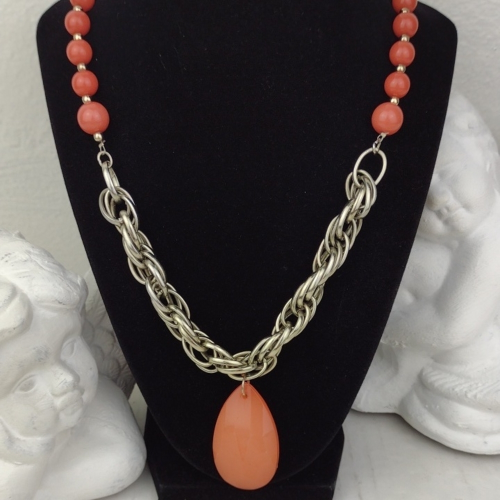🌻3 for $15 Coral Glass Bead & Pendant Chunky Silver Chain Edgy Boho Necklace